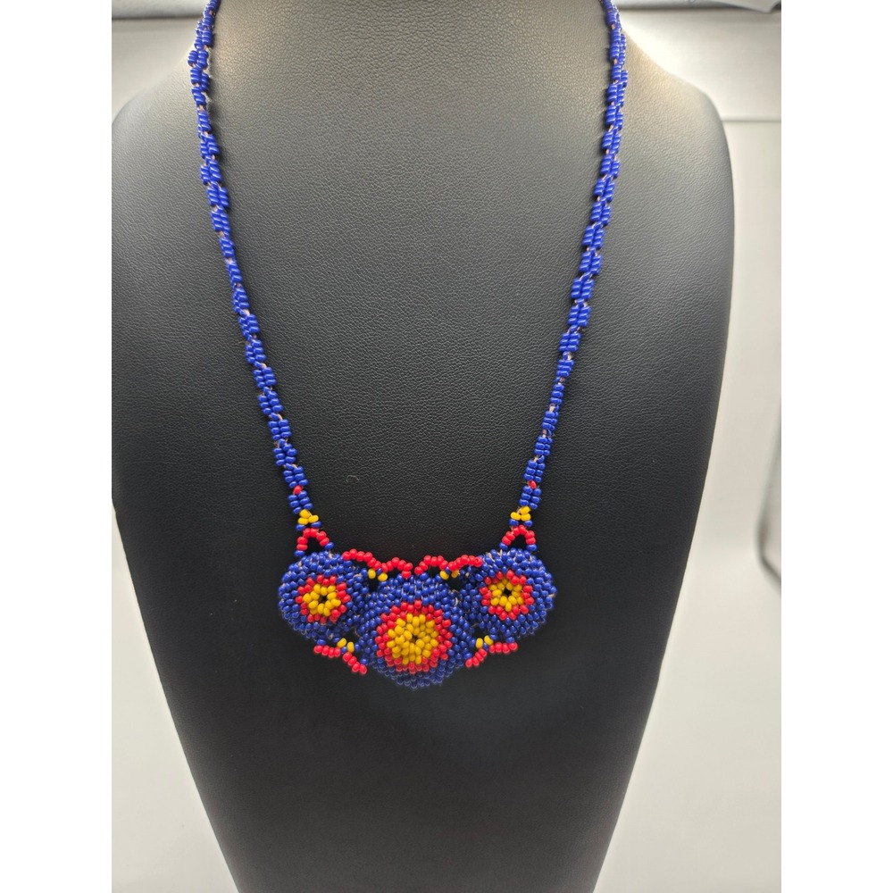 Handmade Seed Bead Floral Bib Necklace Blue Red Yellow Boho Statement Jewelry